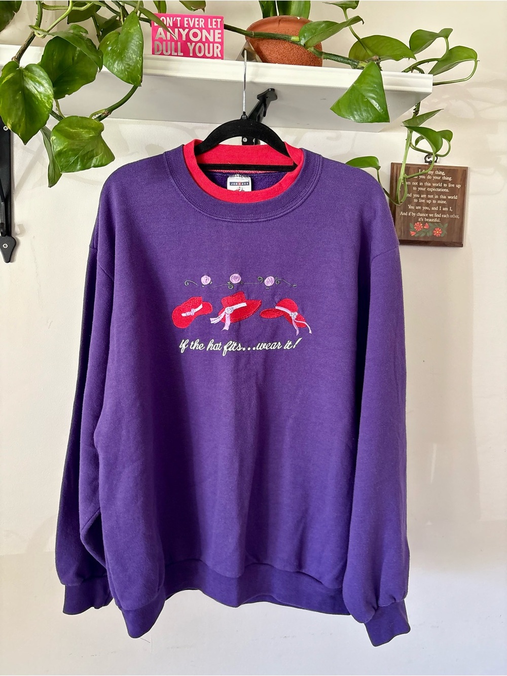 Purple Crewneck Sweater with Red Hat Embroidery - Unbranded